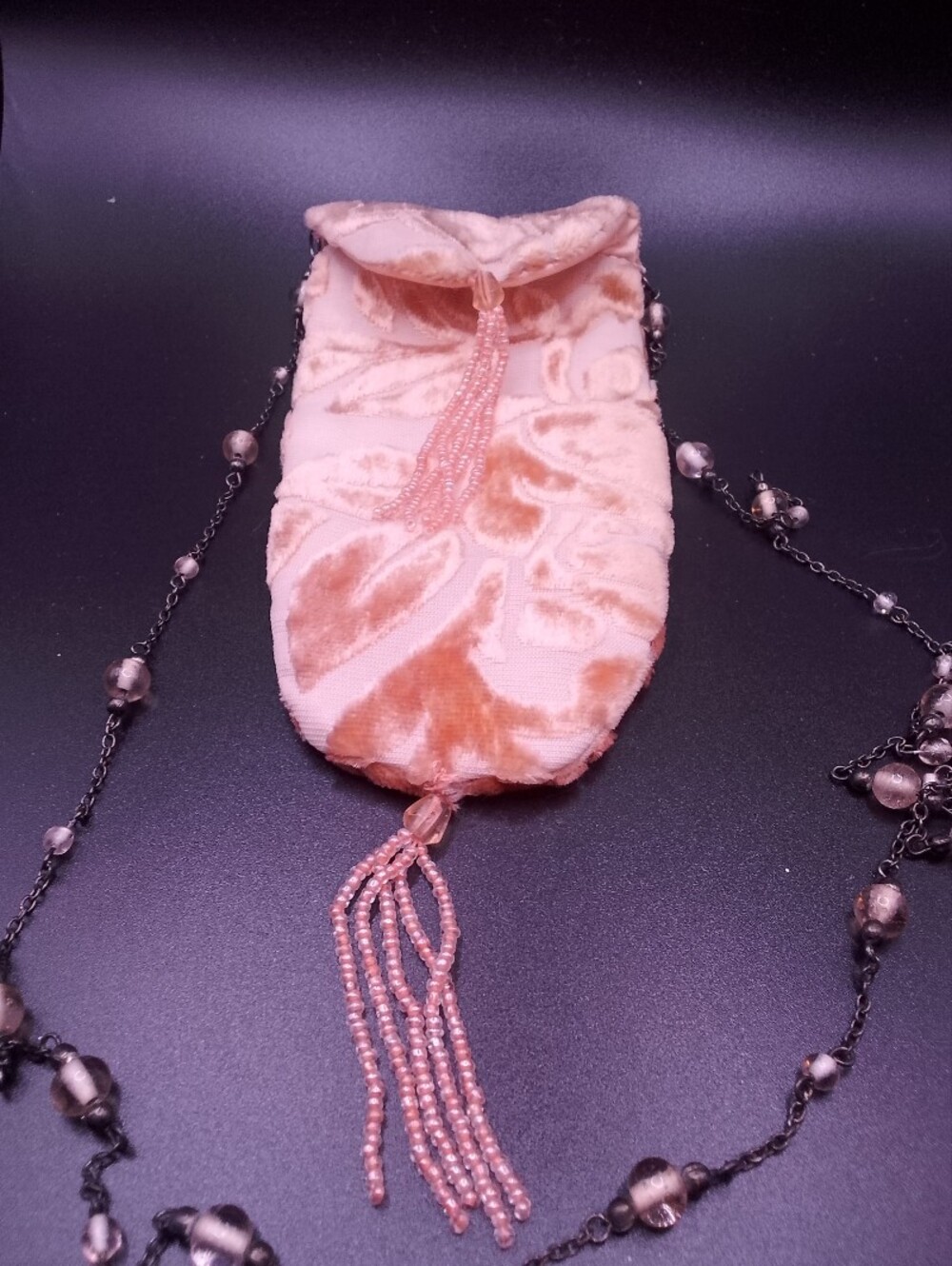 Crushed Velvet Beaded Eyeglass/Cell Phone/Dress Purse W Chain And Bead Shoulder